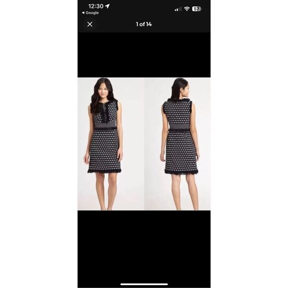 Tory Burch Navy Blue Evelyn Polka Dot Jacquard Sheath Dress Size 4 Fringe - Picture 12 of 12